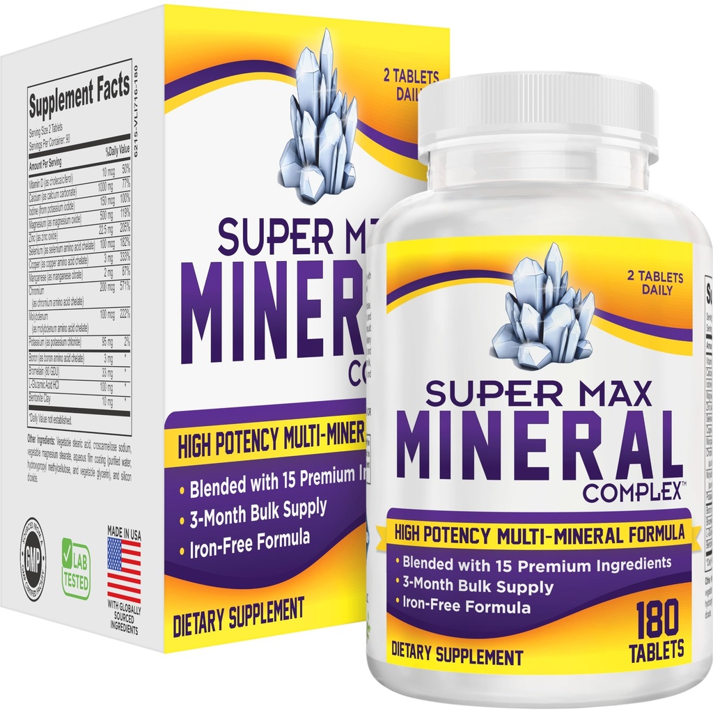 3-Month Multimineral Supplement (Iron Free) Natural Multiminerals | 고순도 멀티 미네랄 보충제 (15-in-1) 혼합 미네랄 공식 | 광물 복합 재료 | 90 일 대량 공급 | 180 정제