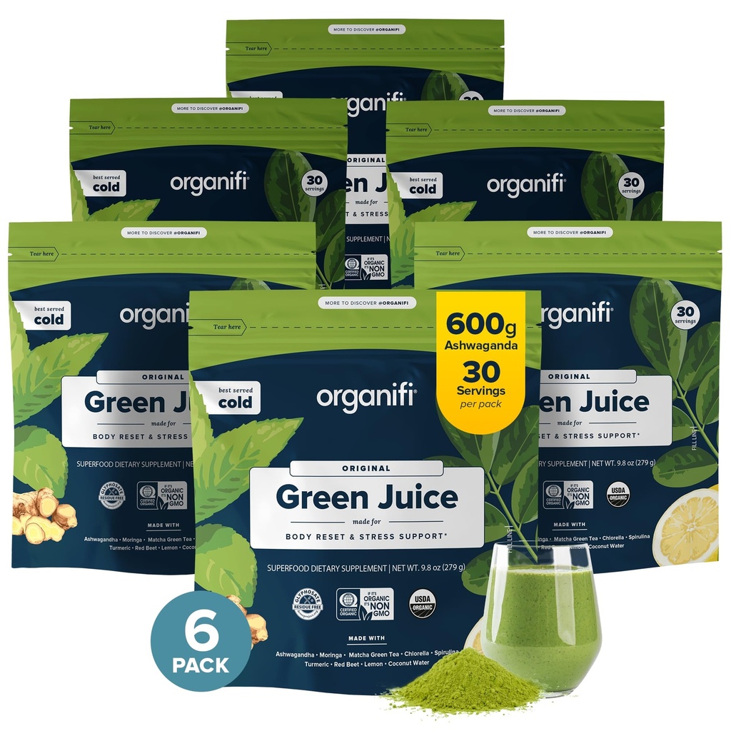 Organifi Green Juice - 유기 Superfood Powder - 180 일 공급 - 유기 Vegan Greens - Decrease Cortisol - 스트레스에 대한 더 나은 응답 제공 - 체중 조절 지원 - 총 바디 웰빙