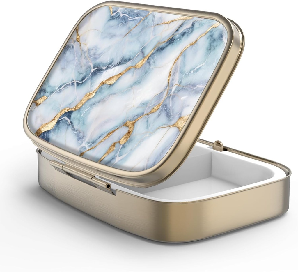 Pill Case Pill Box with Mirror Retro 2 Compartment Purse 또는 포켓 청동 직사각형 알약 상자 또는 비타민, 생선 기름, 보충제, Pill Containe 여행 선물 (White Blue Marble)