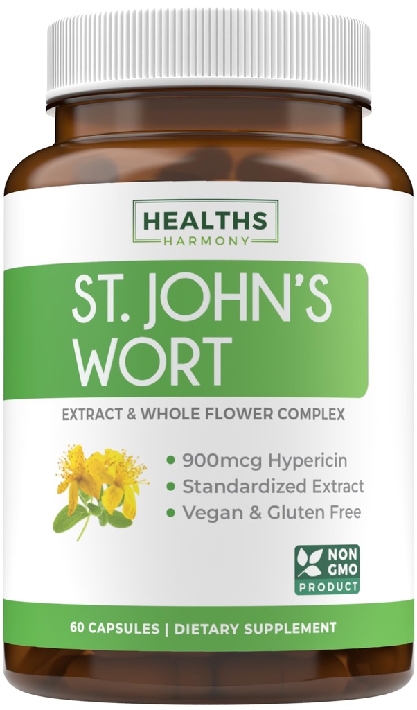 St John 's Wort 캡슐 - 강력하고 유력한 Saint John 's Wort Extract & Whole Herb Complex 매일 무드 지원을위한 900mcg Hypericin에 표준화 된 - Vegan Non-GMO 및 Lab Verified (60 모자)