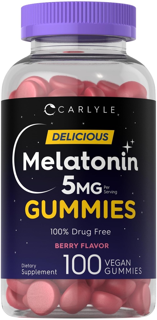 Carlyle Melatonin 5mg Gummies | 100 개 | 베리 맛 | 100 % 마약 무료 | 비 GMO, 글루텐 무료 보충
