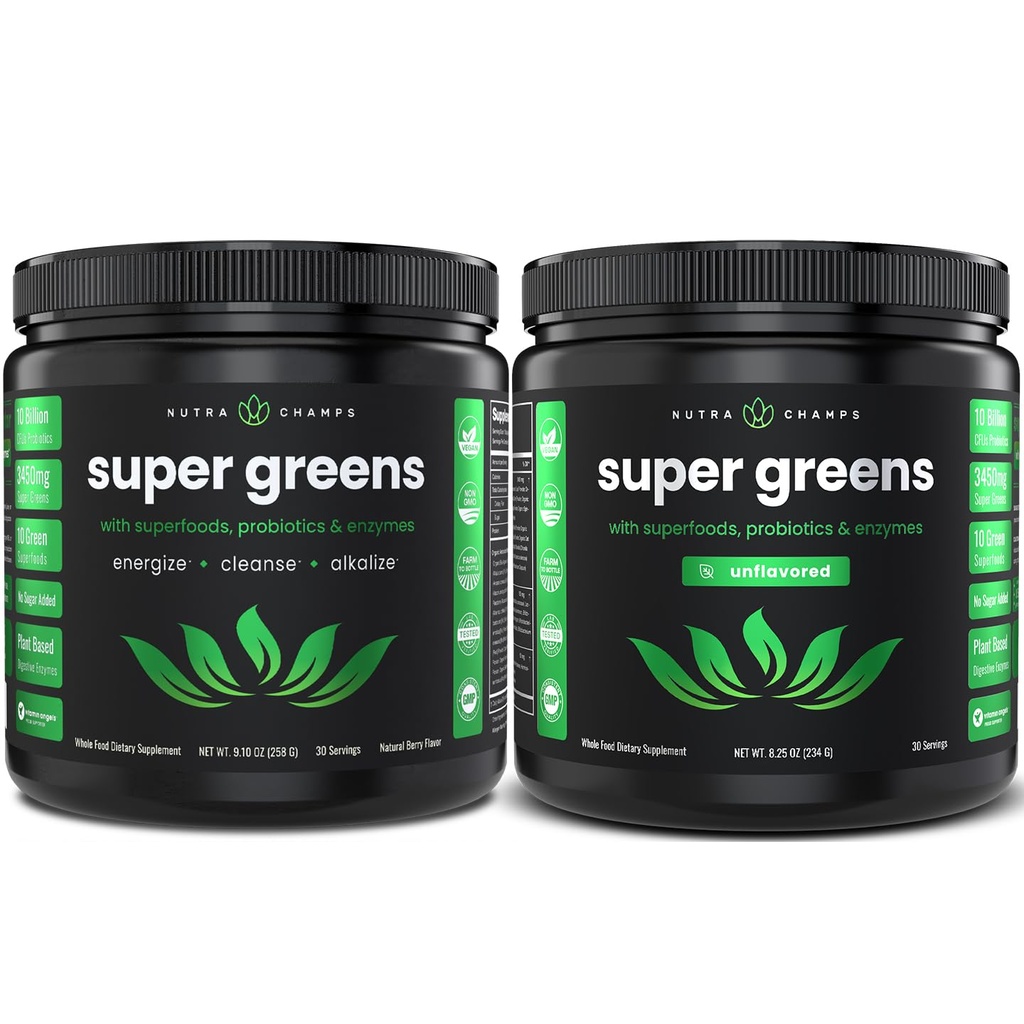 NutraChamps Super Greens Berry & Super Greens Unflavored Bundle - 2 개월 공급