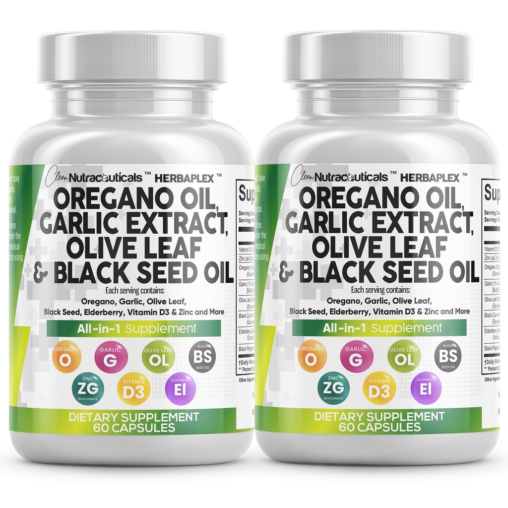 Clean Nutraceuticals Oregano Oil Garlic Extract Olive Leaf Black Seed Oil - 비타민 D3 및 아연이있는 여성 및 남성을위한 면역 지원 및 소화 건강 보충 - 2Pack