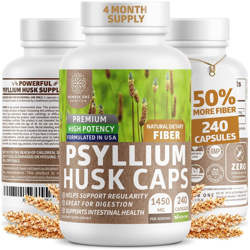 N1N Premium Psyllium Husk 캡슐 [모든 자연, 1450 MG] 일반 및 소화 건강, 240 캡을 지원하는 강력한 수용성 섬유 보충