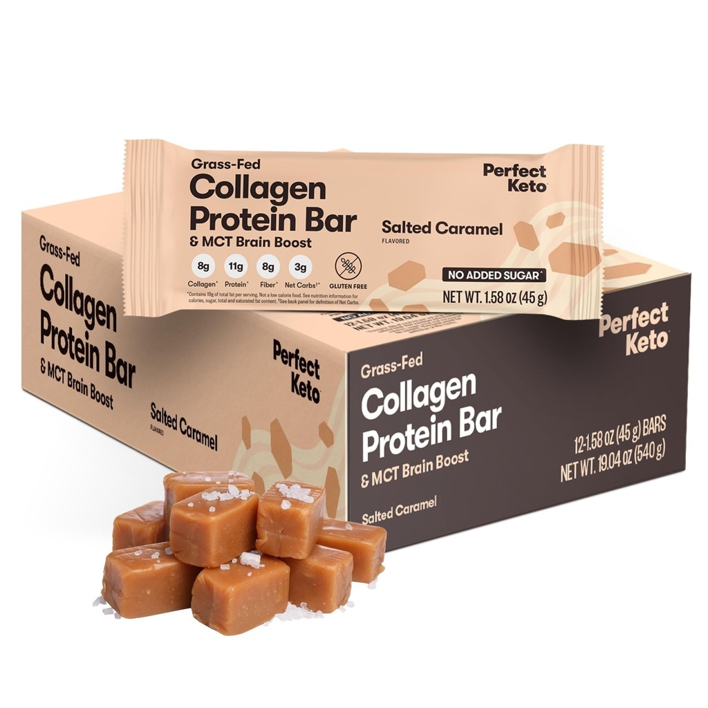 완벽한 Keto 바 - Collagen과 MCT를 가진 가장 청결한 Keto 식사. 추가 설탕, 케토 다이어트 친화적 인 - 3g 그물 캐비넷, 19g 지방, 11g 단백질 - 다이어트 식품 디저트 (칼라, 12 바)