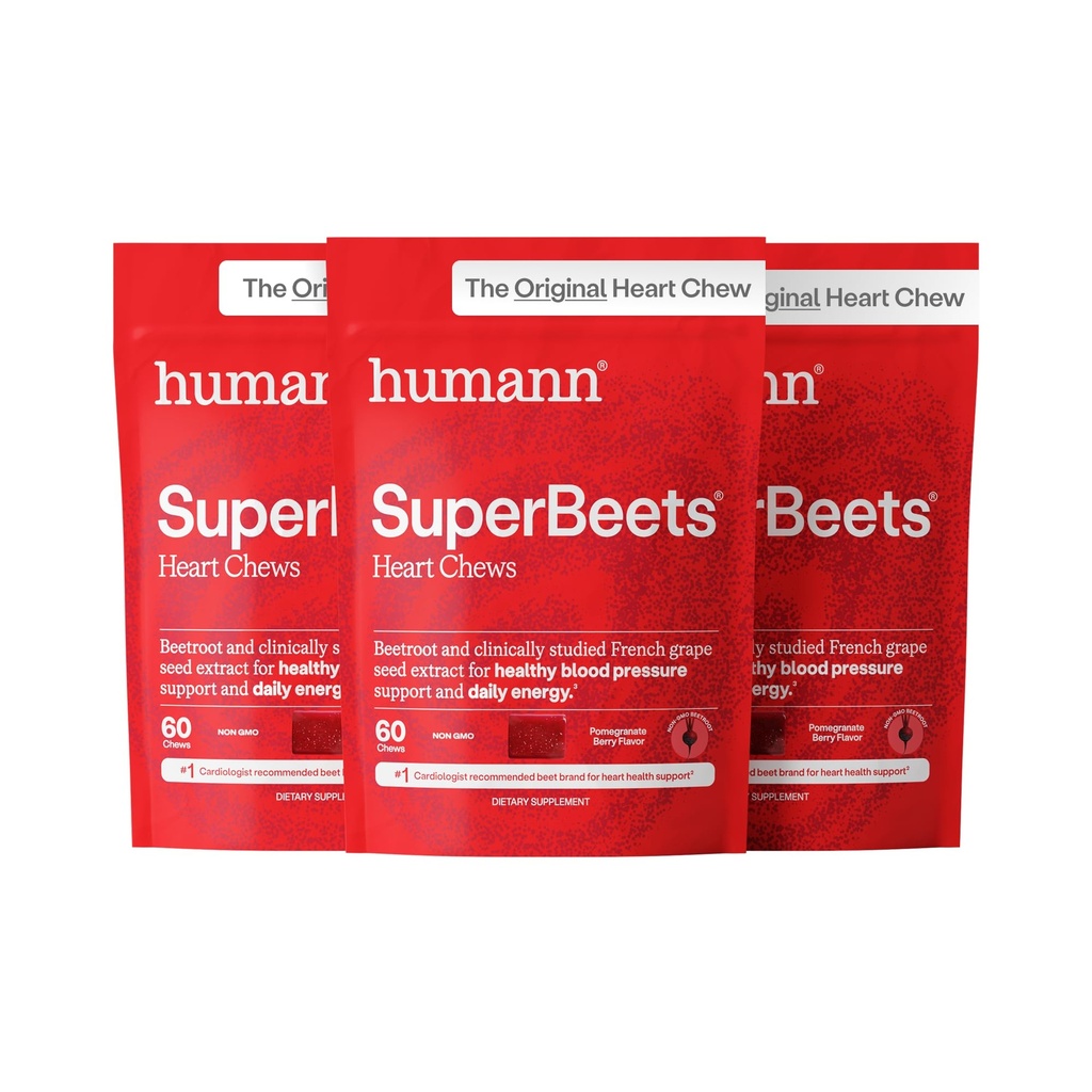HumanN SuperBeets Heart Chews, Nitric 산화물 및 혈압 지원, 포도씨 추출물 & 비 GMO 사탕 뿌리 분말 에너지, 석류 베리 풍미, 180 조사