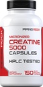 Piping Rock Creatine Monohydrate 캡슐 | 5000mg | 150 알약 | 남성과 여성을 위한 Micronized 보충교재 | Non-GMO, 글루텐 무료