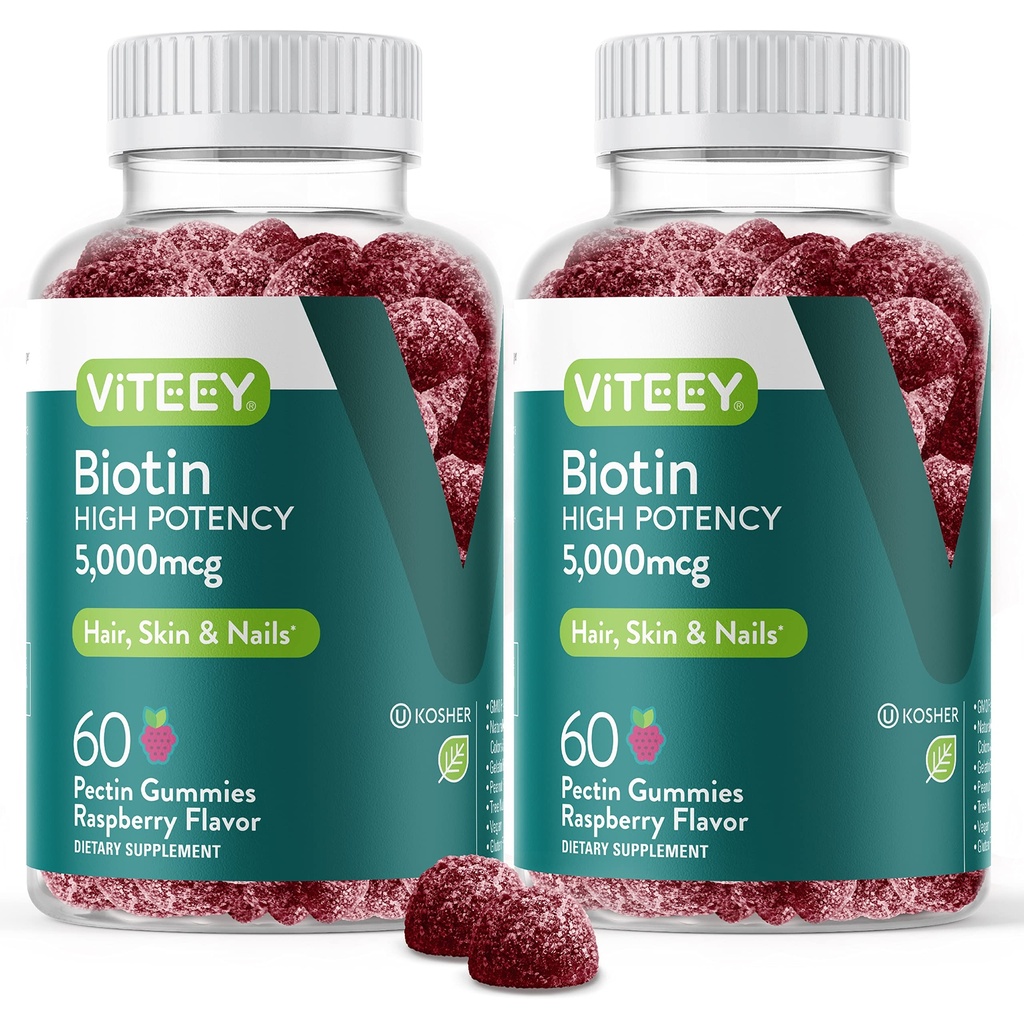 VITEEY Biotin Gummies 머리 피부와 손톱 - 머리 성장 Gummies를위한 Biotin - 5000 mcg - Vegan, Gluten-Free, Non-GMO - 120 카운트