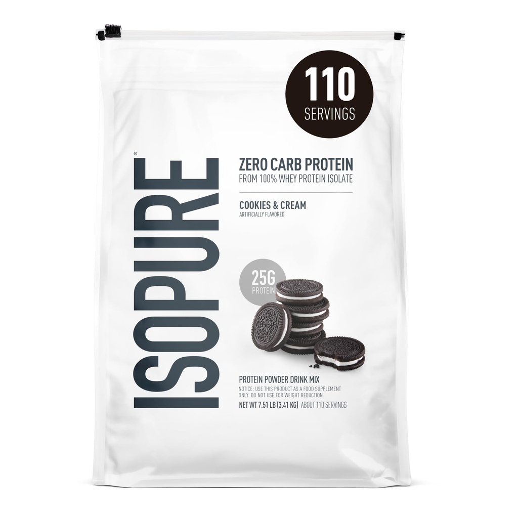 Isopure Zero Carb 100 % 순수 Whey Isolate Protein Powder, Lactose Free, Gluten Free, 비타민, 쿠키 및 크림, 25g Protein Per 서빙 당 7.5 Lbs, 110 서빙 (5 월 Vary)