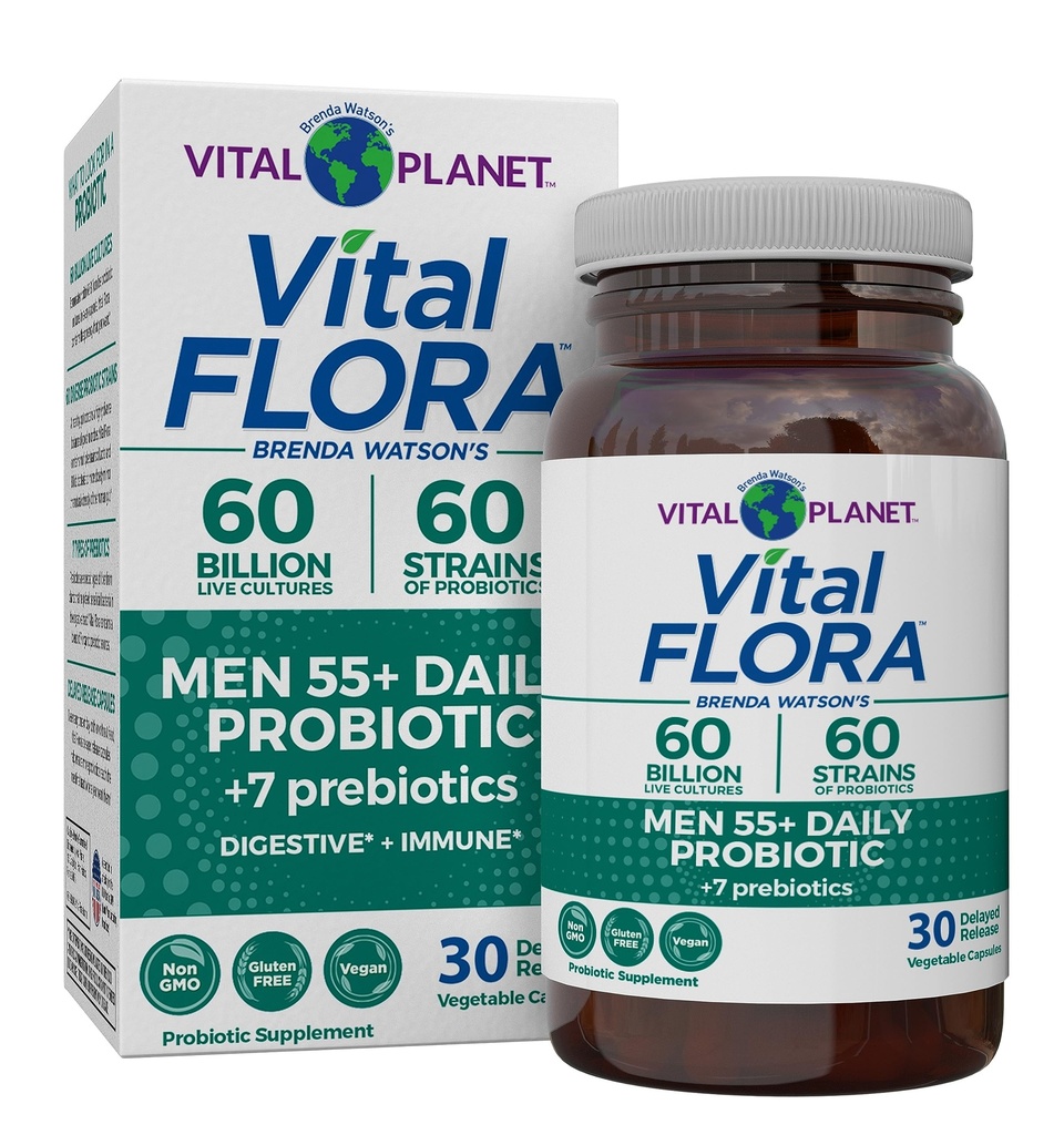 Vital Planet - Vital Flora Men 55 + Daily Probiotic, 60 Billion CFU, 60 Diverse Strains, 7 Organic Prebiotics, Immune Support, Gas Relief, Colon 및 Digestive Health Probiotics for Men 30 캡슐