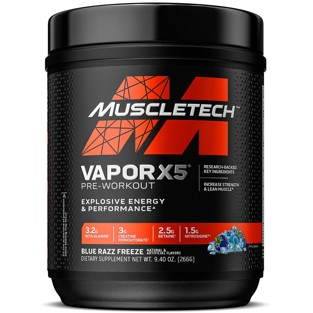 MuscleTech Pre-Workout Powder, Vapor X5 - 여성 및 남성을위한 스포츠 영양 근육 건물 보충제 - 강렬한 근육 펌프 에너지 분말 음료 혼합 - Blue Razz Freeze, 266g (30 인분)