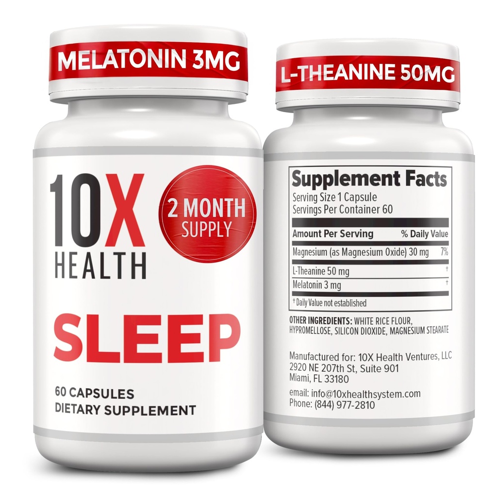 성인 10X 건강 수면 보충제 - 60 캡슐 - Melatonin 3mg, L Theanine, 마그네슘 보충, 딥, 더 나은 휴식을위한 마그네슘 산화물 - 3-in-1 천연 수면 지원