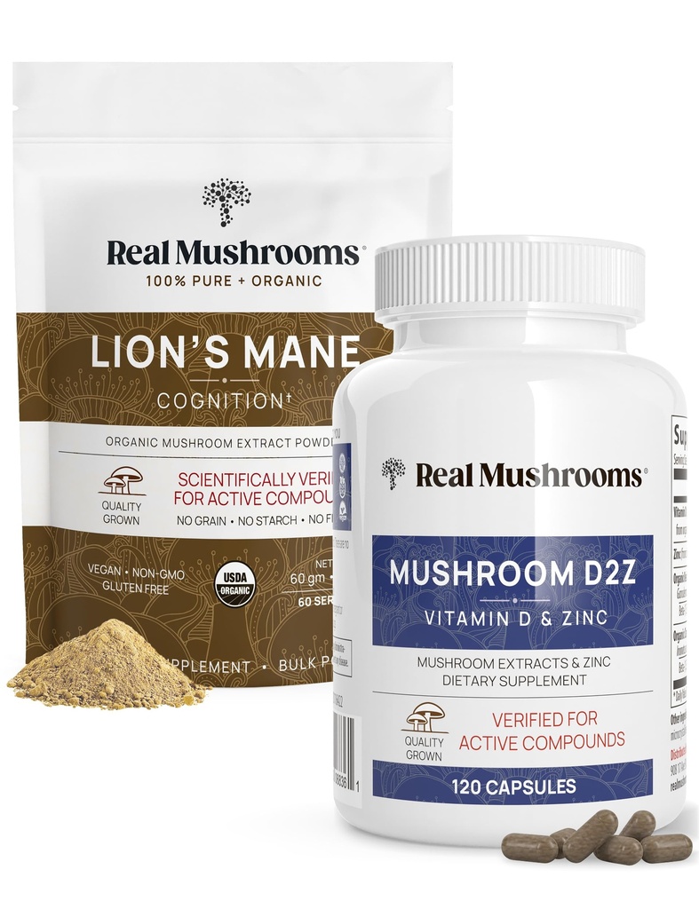 Real Mushrooms 비타민 D2, 킬레이트 아연, Chaga, Reishi (120ct) 및 유기 라이온의 Mane 분말 (60 서빙) 번들 - 면역력 및인지 지원, 개선 흡수 - 덩어리, 글루텐 무료, 비 GMO