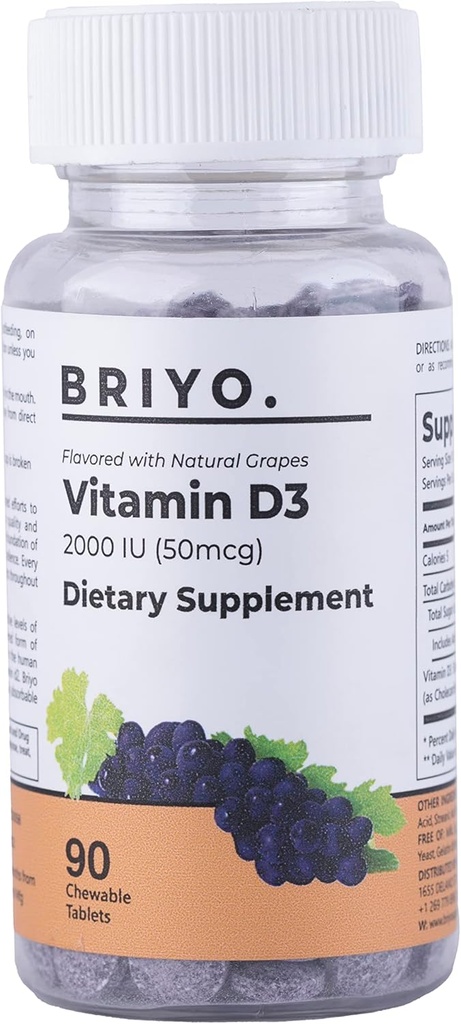 Briyo 비타민 d3 chewable 정제 - 2000 IU (50 mcg) - 맛있는 자연적인 포도 풍미, 90 조사