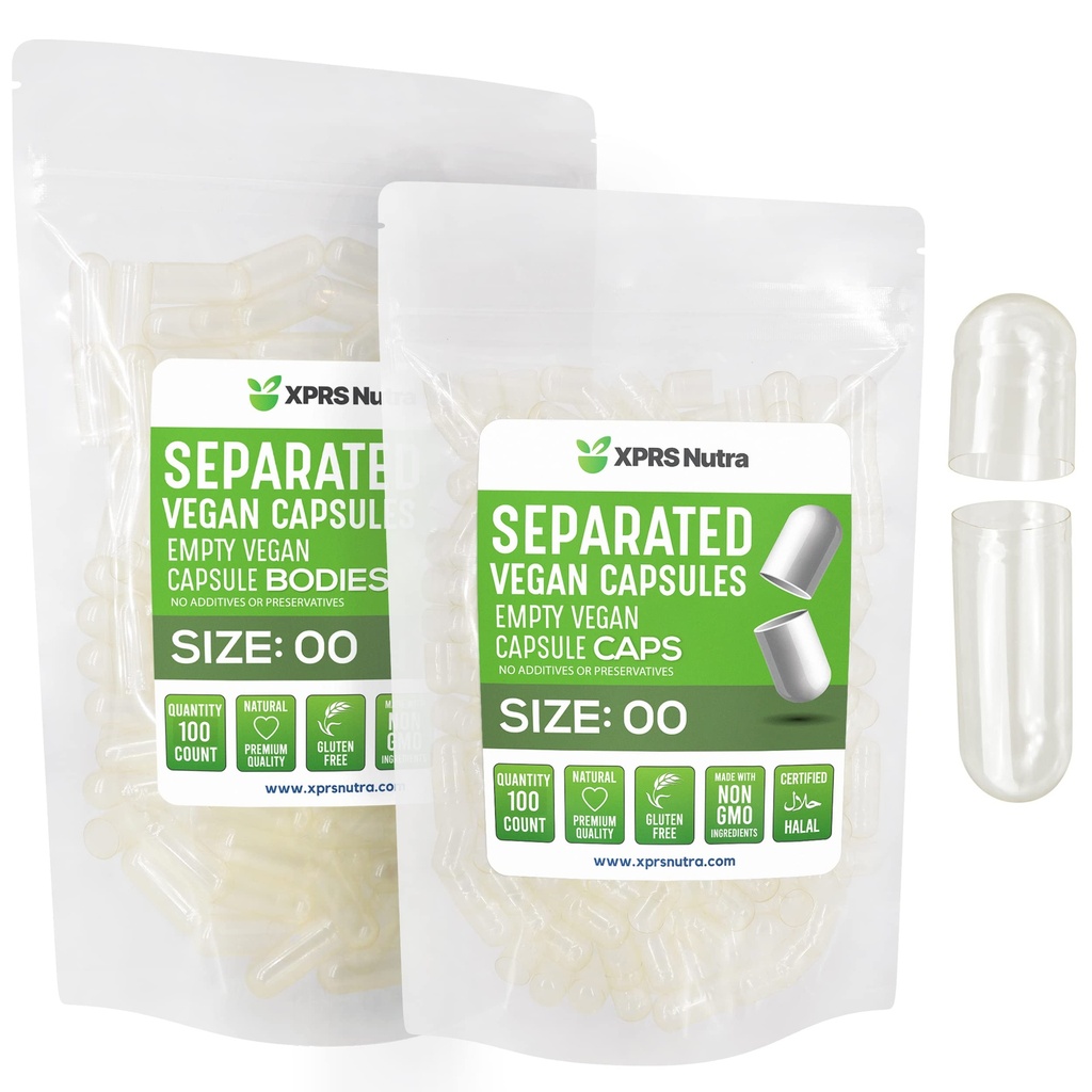 XPRS Nutra Vegan 크기 00 별도의 캡슐 - 100 개 명확한 프리미엄 빈 캡슐 가방에 분리 - 00 개 알약 빈 DIY 보충
