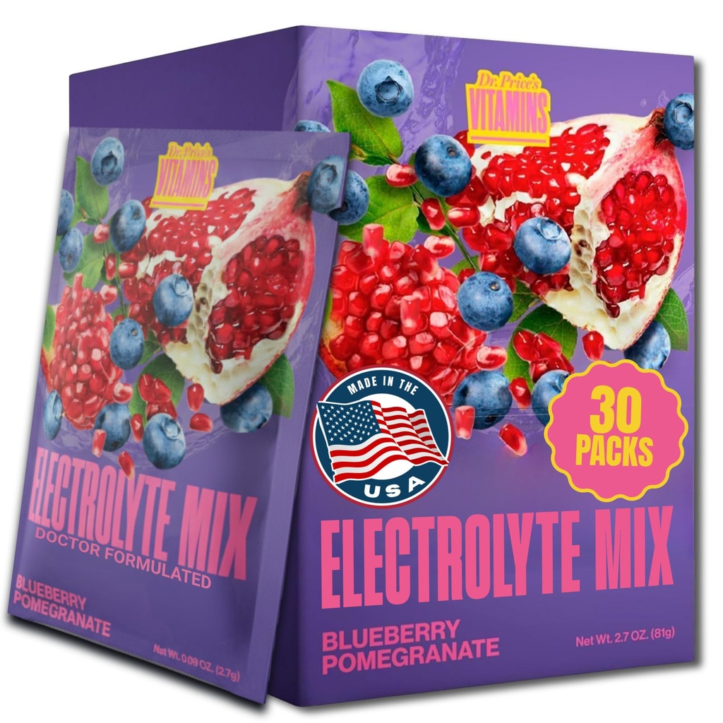Dr. Price's Vitamins Electrolyte Mix Supplement Powder, 72 Trace Minerals, Potassium, Sodium, Electrolyte Replacement Keto Drink | Blueberry-Pomegranate 30 Packets | 설탕, 케토, 비 GMO 없음