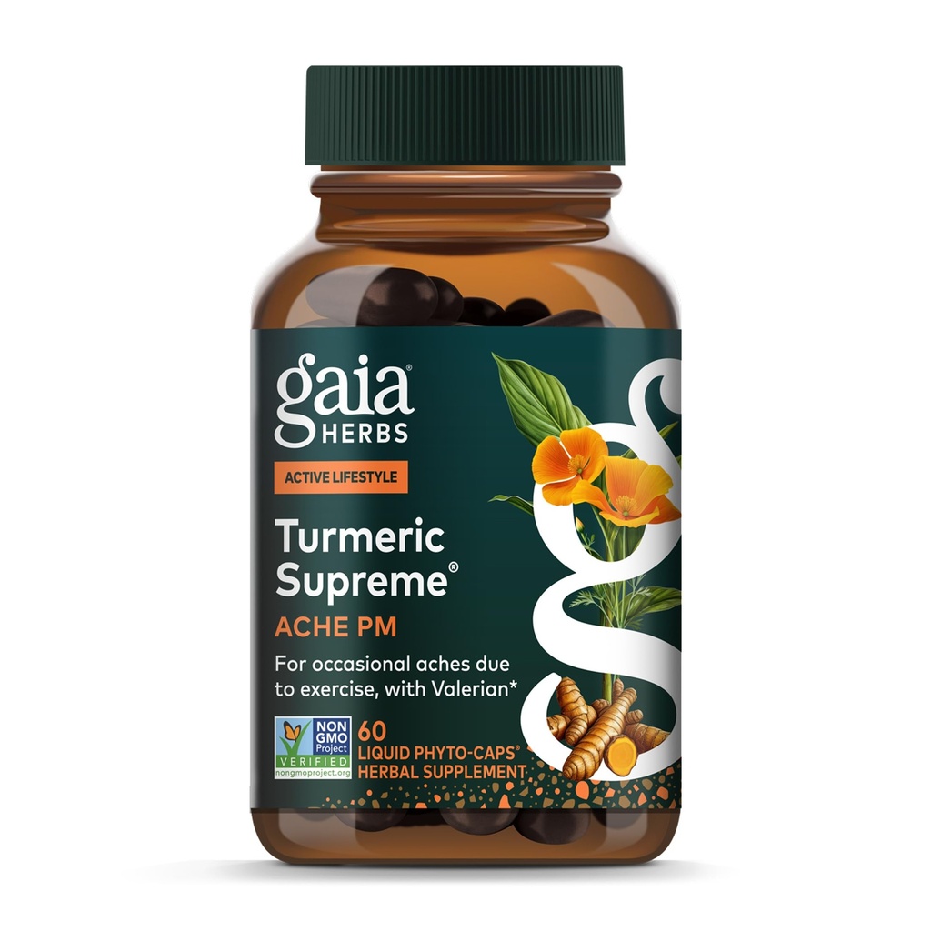 Gaia Herbs Turmeric Supreme Discomfort P.M. - 더 편안한 수면을 지원하는 데 도움이 - Tumeric Curcumin, Kava, Valerian, Feverfew - 60 액체 Phyto-Capsules (30 일 공급)