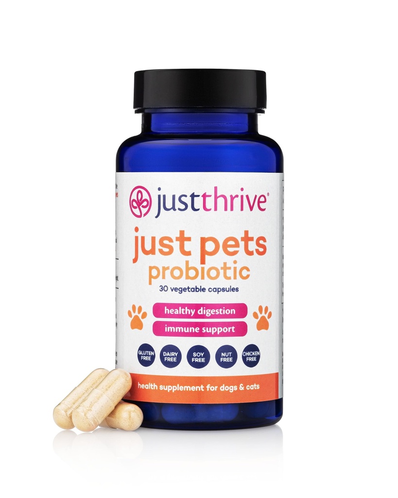 Just Thrive Just Pets Probiotic - 개와 고양이를위한 매일 소화 프로 바이오 틱 - 4 억 CFUs Pet Probiotic, 30 캡슐