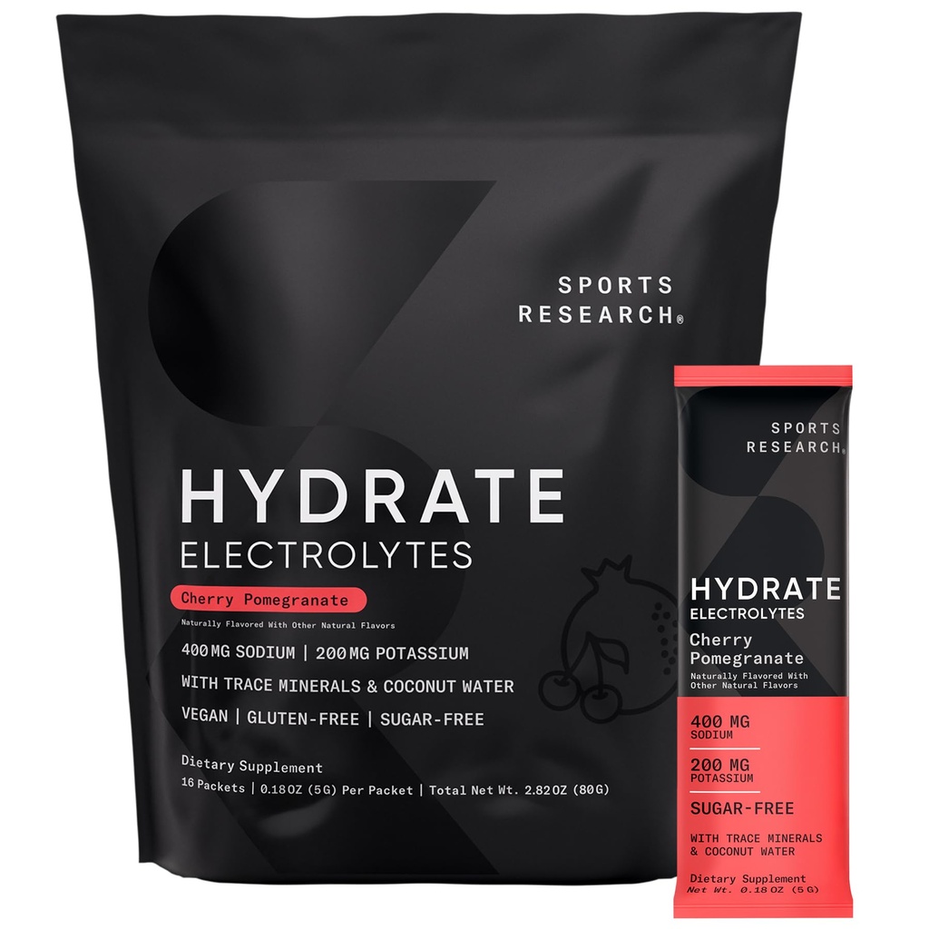 Sports Research Hydrate Electrolytes Powder Packets - Sugar-Free & Naturally는 비타민, 미네랄 및 코코넛 워터로 맛을냅니다. Hydration - 16 Packets - Cherry Pomegranate