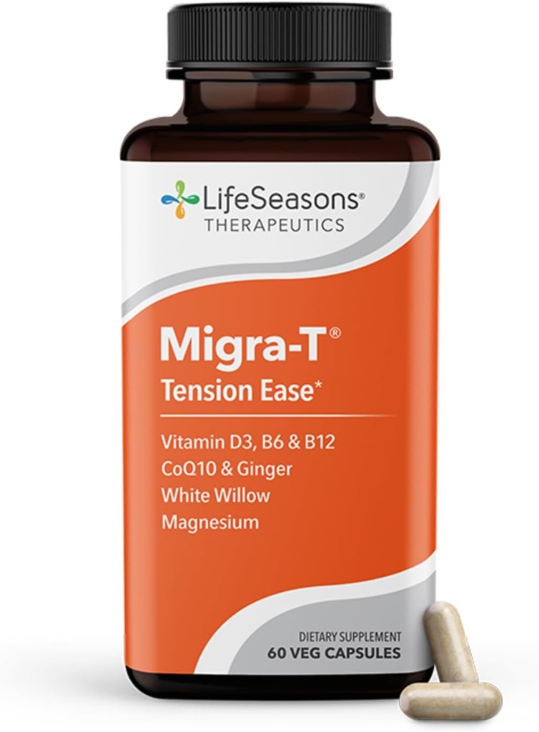LifeSeasons Migra-T with Relieve-R PM - 편두통 예방 및 완화 보충 - Severe Headaches 지원 - 가벼운 소리 및 냄새 감도 감소 - Feverfew, 백색 Willow, 마그네슘 생강 및 CoQ10