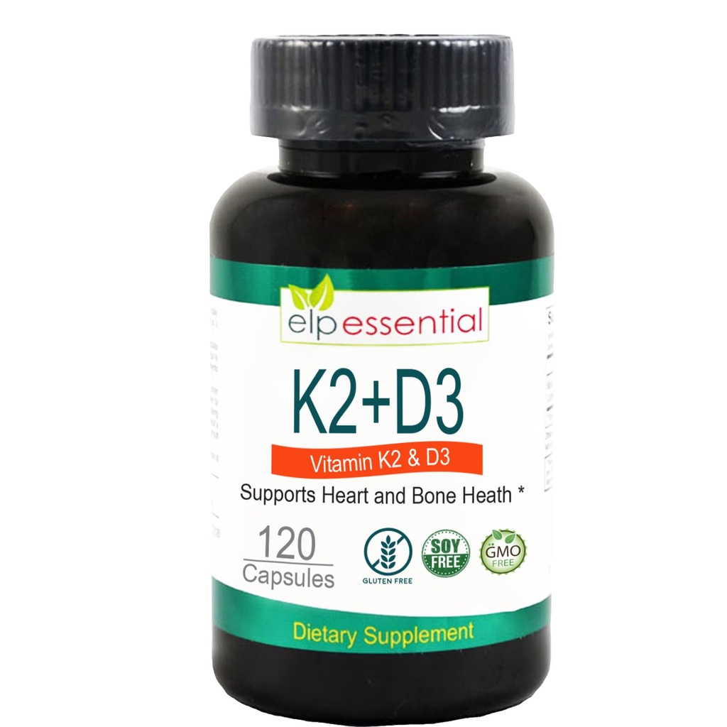 D3 보충교재 뼈와 심장 건강을 가진 ELP ESSENTIAL 비타민 K2, 캡슐 K2+D3 비타민 120 캡슐