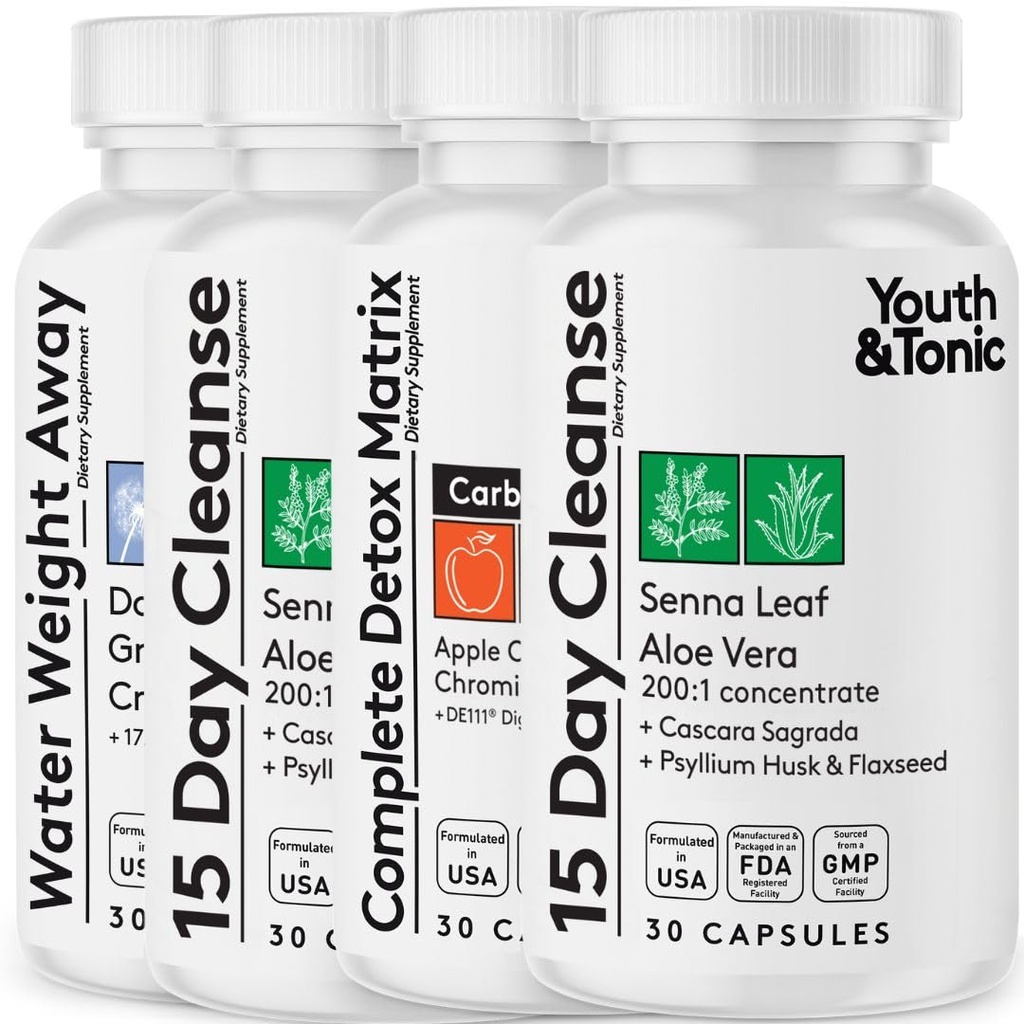 Detox Cleanse Kick Off Weight Management and Extra Colon Cleanser. 4pk for Water Loss, Bloating, Flat Stomach, Puffiness w Apple Cider Vinegar, Senna Leaf, Glucomannan, Chromium, Probiotic 120 알약