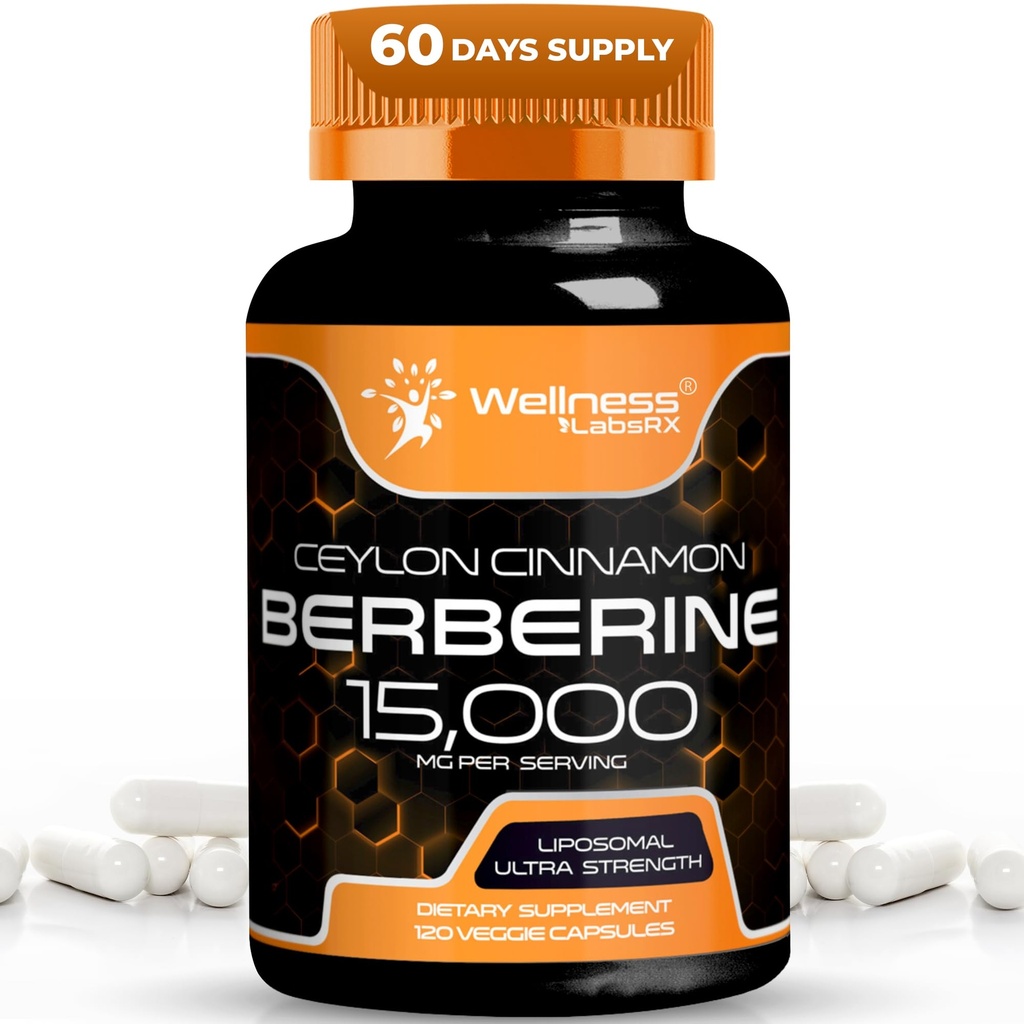 WELLNESS LABSRX Berberine 보충 15,000mg - Ceylon Cinnamon, 전반적인 웰빙 지원 캡슐 - 120 캡슐 (팩 1)
