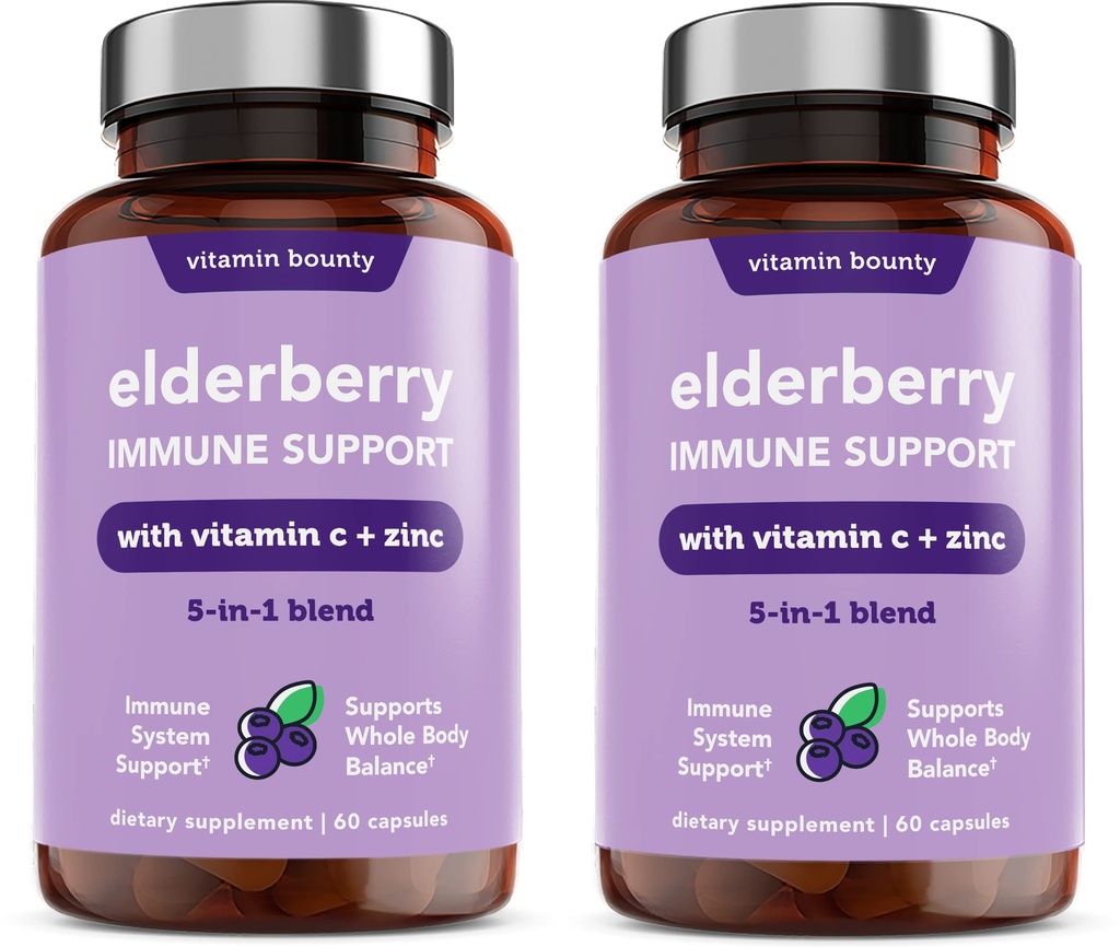 비타민 Bounty Elderberry Immune 지원 - 아연, 비타민 C 및 Echinacea, 고급 5-in-1 혼합, 강력한 산화 방지제, 전체 바디 밸런스 지원, 비 GMO - 60 캡슐, 2 팩