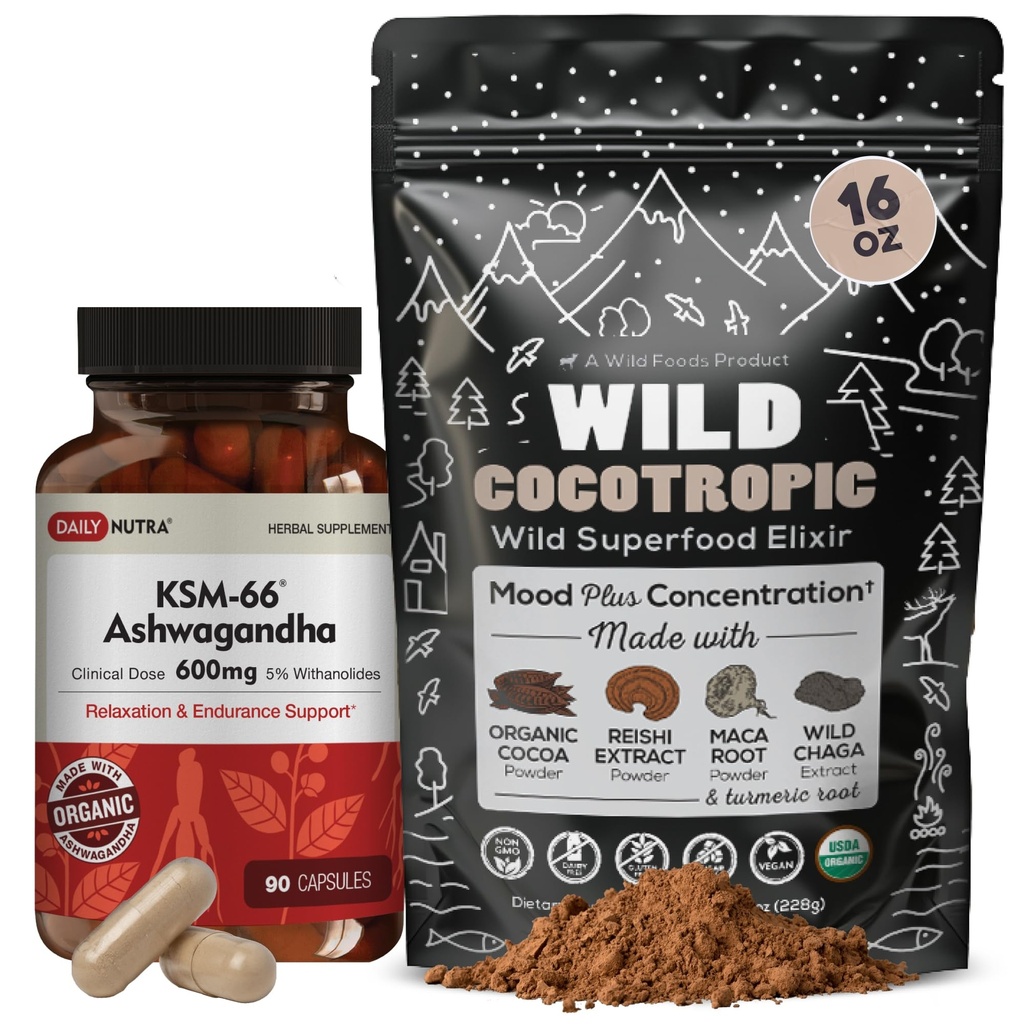 DailyNutra KSM 66 Ashwagandha (90 캡슐) 및 버섯 Cacao Mix (16oz) Relaxation 및 Focus에 대한 번들