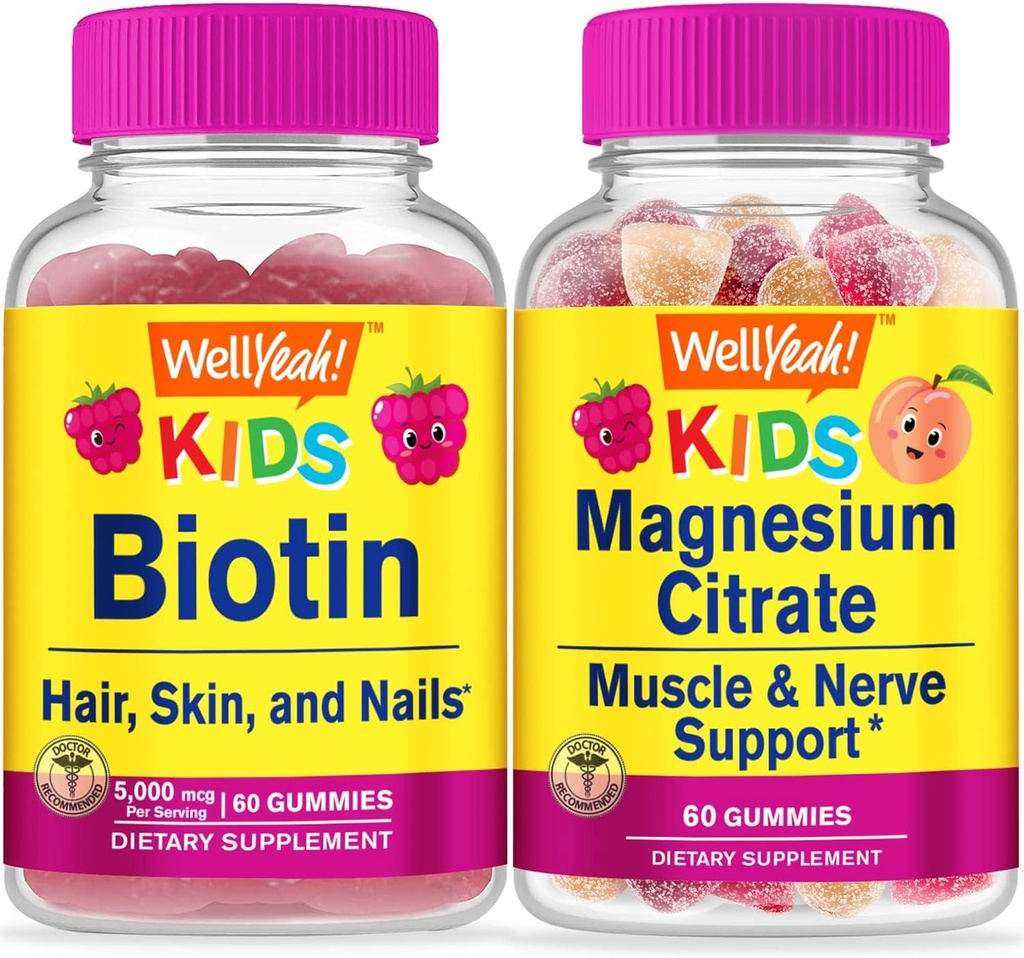 WellYeah Biotin Kids + 마그네슘 시트레이트 키즈, Gummies 번들 - 훌륭한 타스팅, 비타민 보충, 글루텐 무료, GMO 무료, Chewable Gummy