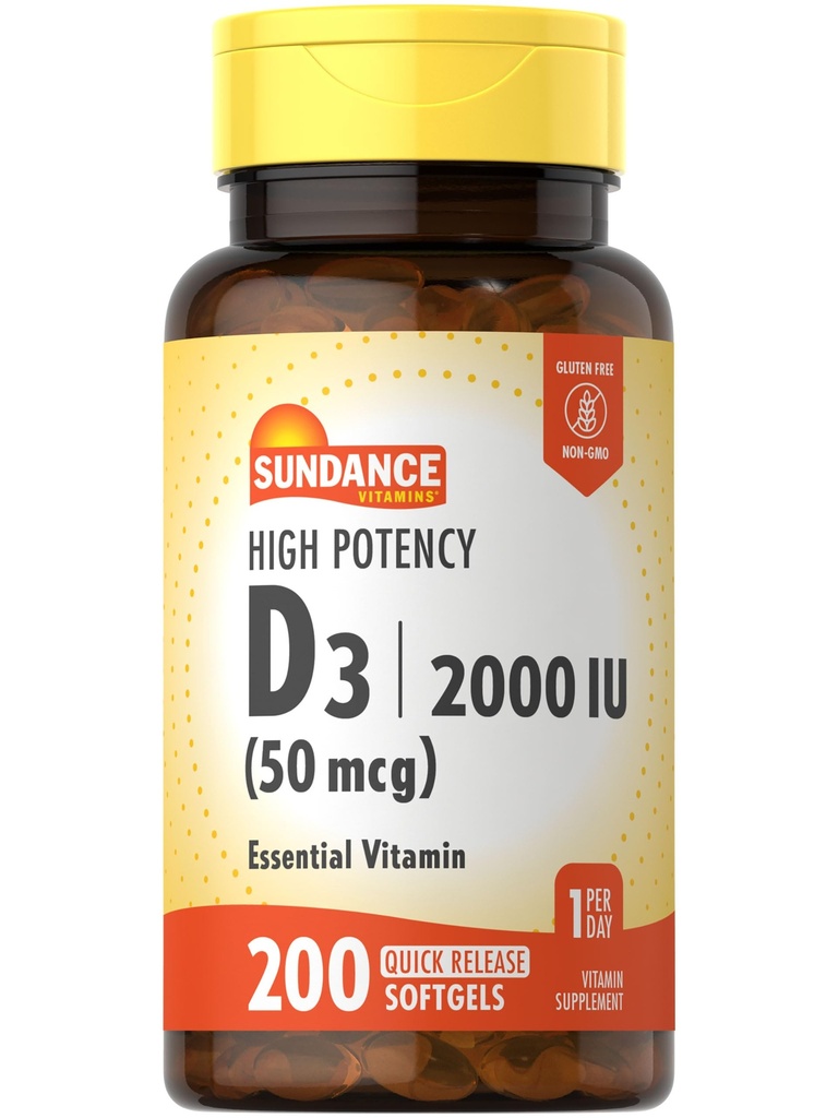 Sundance 높은 효능 D3 2000 IU | 200 빠른 릴리스 Softgel | Essential Vitamin Formula | Non-GMO 및 글루텐 무료 보충