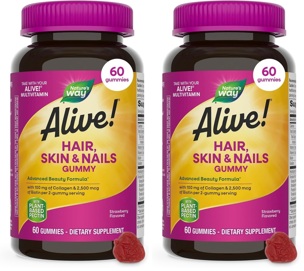 자연의 방법 살아! 머리, 피부 & 못 Gummies, Biotin와 교원질과 더불어 진보된 아름다움 공식*, 딸기 맛을 내는, 60의 Gummies (포장 May Vary) (포장 2)