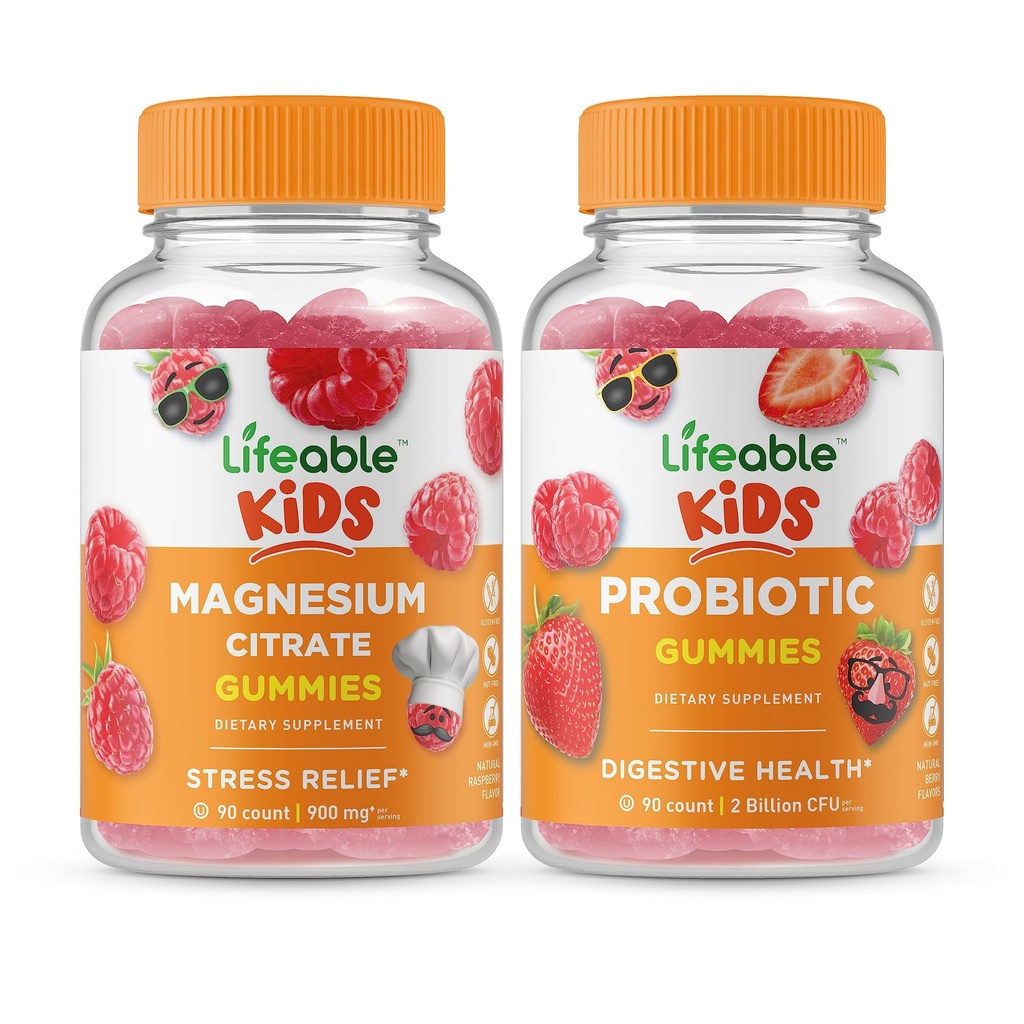 Lifeable 마그네슘 키즈 + Probiotic 2 억 CFU 키즈, Gummies 번들 - 훌륭한 타스팅, 비타민 보충, 글루텐 무료, GMO 무료, Chewable Gummy