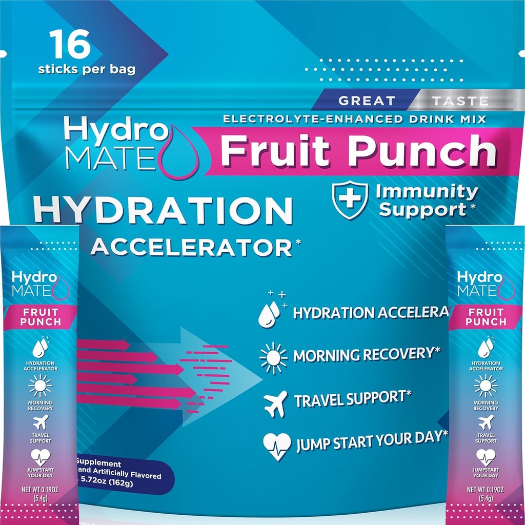 HydroMATE Electrolyte 분말 과일 펀치 Hydration 소포 낮은 설탕 16 조사