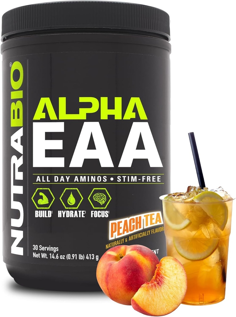 NutraBio 알파 EAA - 근육 성장을 위한 모든 일 아미노산 및 Hydration - Nootropics & Adaptogens를 가진 근본적인 아미노산 - 가득 차있는 스펙트럼 EAA BCAA 분말 - 30 봉사 - 복숭아 차