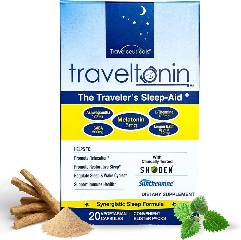 Travel Sleep Aid | Get Jet Lag Relief, Restorative Sleep, Immune Support | Flight, Hotel Essential | 5-in-1 Formula w/Melatonin, Ashwagandha, L-Theanine, GABA, Lemon Balm | 20 Capsules | 블리스트 팩