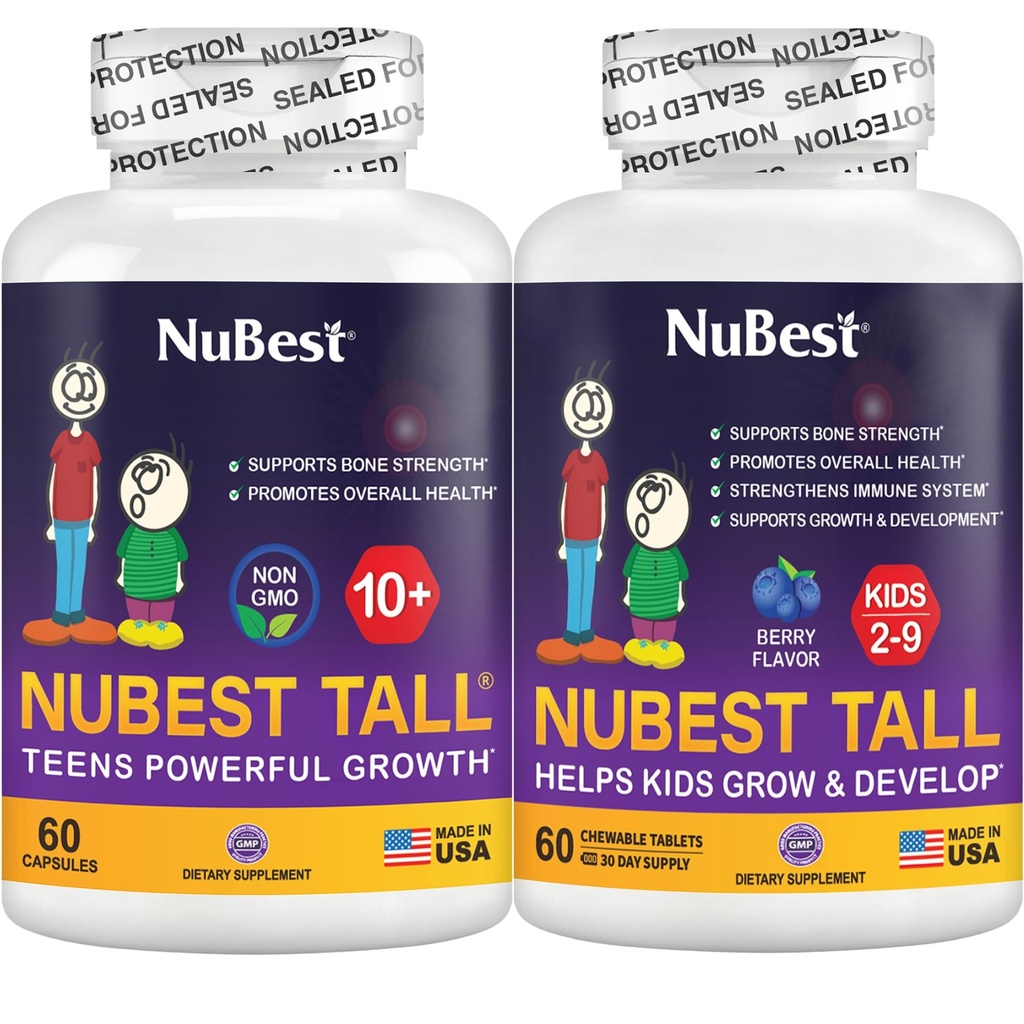NuBest Bundle Tall 10 + 60 캡슐 Tall Kids 60 Chewable Tablets | 어린이 및 청소년을위한 높이 성장 지원 | 칼슘, 비타민 D3 K2, 콜라겐 및 허브