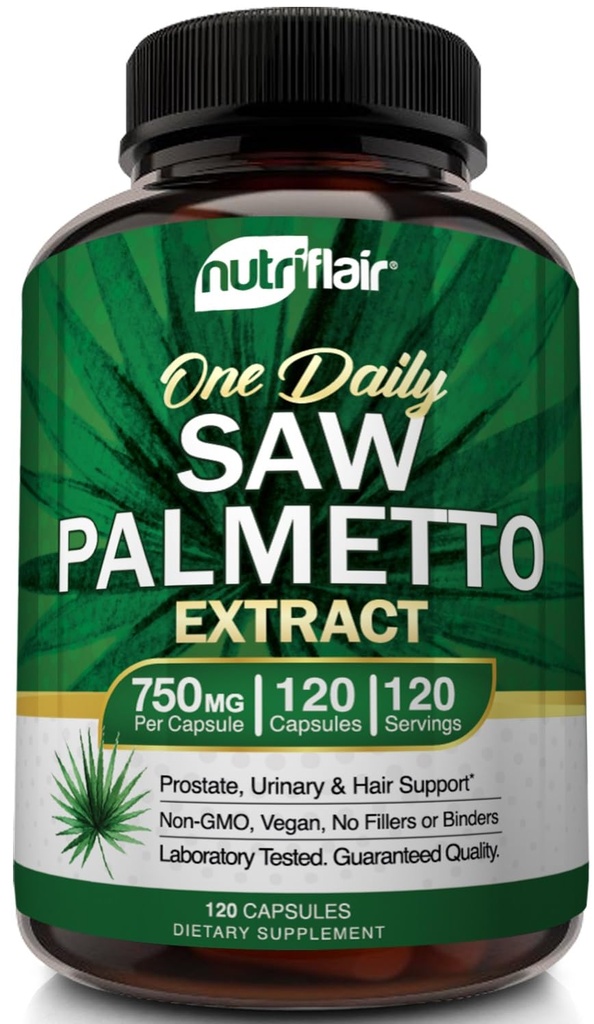 NutriFlair Saw Palmetto Extract 750mg, 120 캡슐 - 천연 전립선 보충 및 베리 건강 지원 - 탈모를 방지하기 위해 블록 DHT를 도와 여성과 남성을 위해 Frequent Urination을 감소시킵니다.