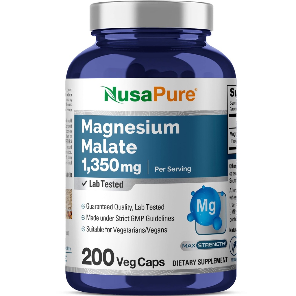 NusaPure 마그네슘 말레이트 1350mg 200 Veggie 캡슐 (비건, 비 GMO, 비건)