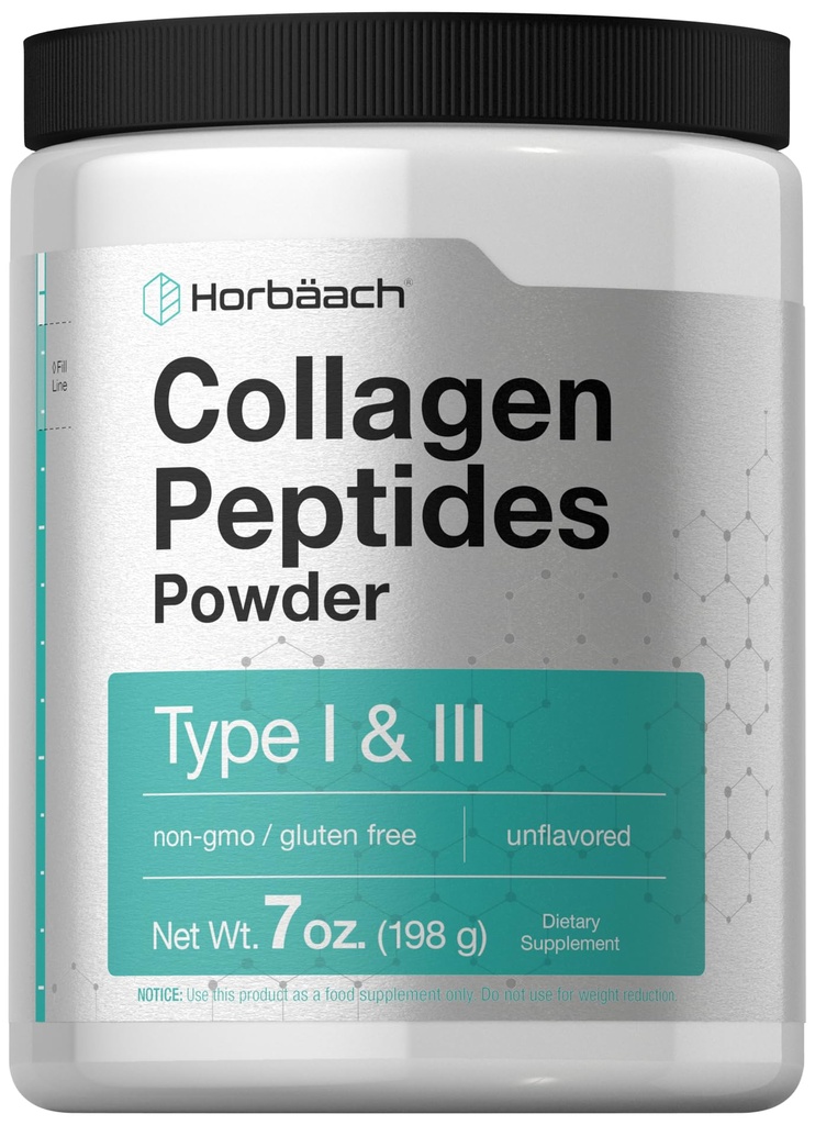 Horbäach Collagen Peptides Powder 7oz | 유형 I 및 III | 다 교원질 단백질 및 아미노산 | 글루텐 무료, 케토 & 팔로 친절한