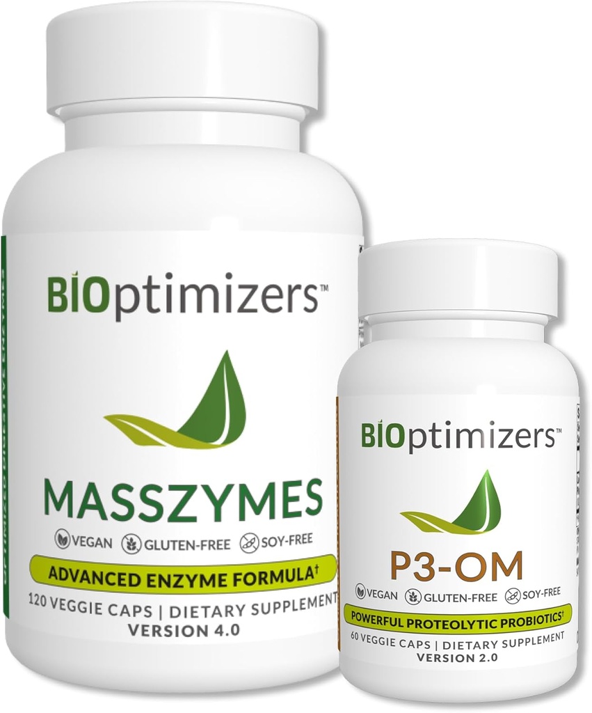BiOptimizers - P3-OM 및 MassZymes 번들 - 여성과 남성을위한 프리미엄 다이제스트 효소 및 프로바이오틱스 (120 MassZymes 캡슐, 60 P3-OM 캡슐)