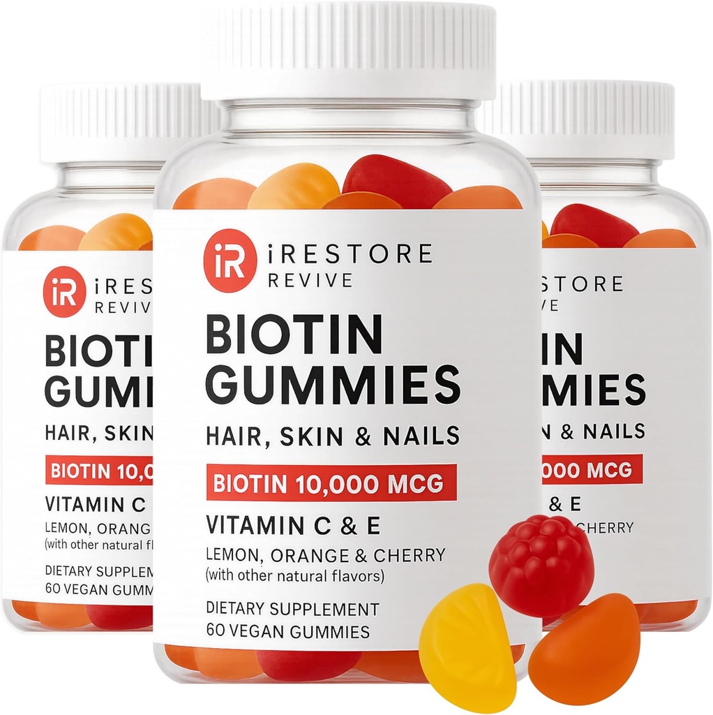 iRestore 머리 거미 비타민, 머리 피부와 못, 여자 & 남자를 위한 머리 성장 Gummies, Biotin 10,000mcg, 3PK를 위한 Vegan Biotin Gummies