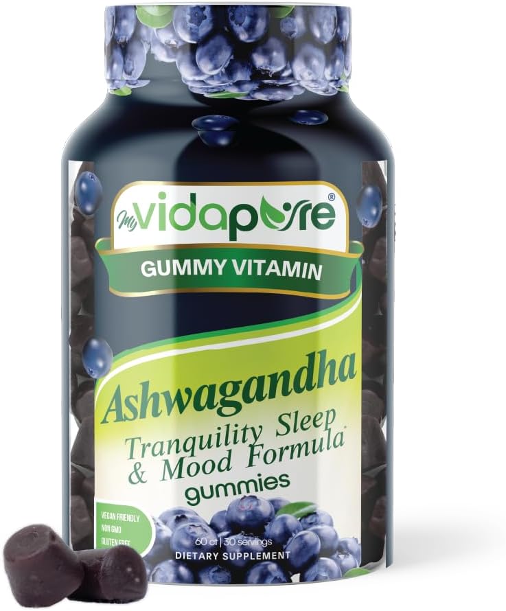Ashwagandha Gummies, 마그네슘 글리세린, Melatonin, B6, Valerian 뿌리, GABA, 남성과 여성을위한 열정 꽃과 높은 효능 Ashwagandha 뿌리 추출물. 60 조사 30 내비게이션