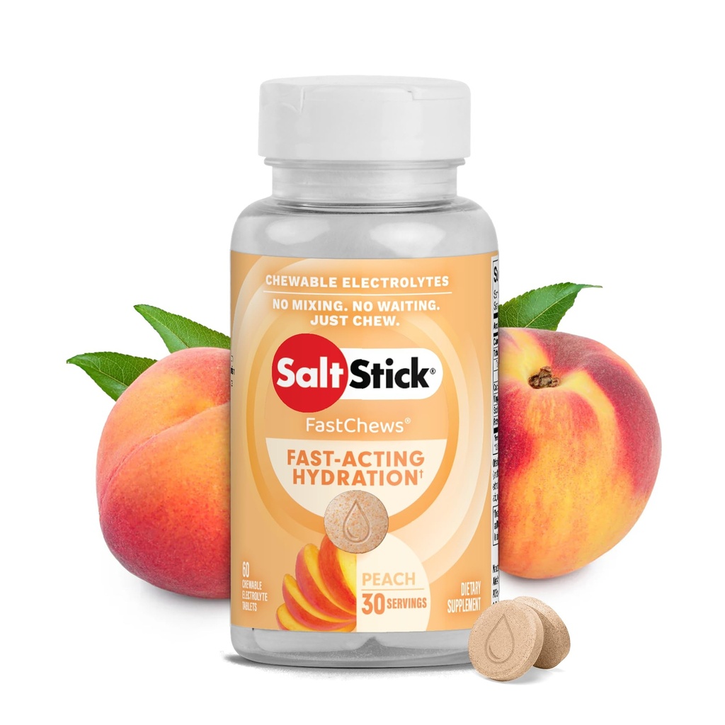 SaltStick Electrolyte FastChews - 60 Peach Chewable Electrolyte Tablets - 런너, 스포츠 영양, Hydrolyte Chews 용 소금 정제