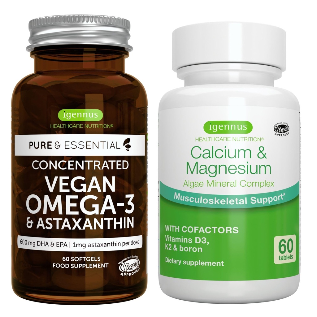 Vegan Omega-3 + 칼슘 & 마그네슘 복합비건 뭉치, 지속 가능한 EPA & DHA 조류 기름 1340mg + 2:1 식물 기초 조류 광물 단지, Igennus에 의하여