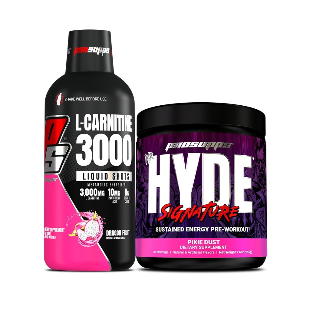 PROSUPPS L-Carnitine 3000 자극제 자유로운 액체 탄 (31의 서빙, 드래곤 과일) 및 Mr. Hyde 서명 시리즈 전 운동 에너지에 의하여 말린 음료 (30의 서빙, Pixie 먼지) 뭉치