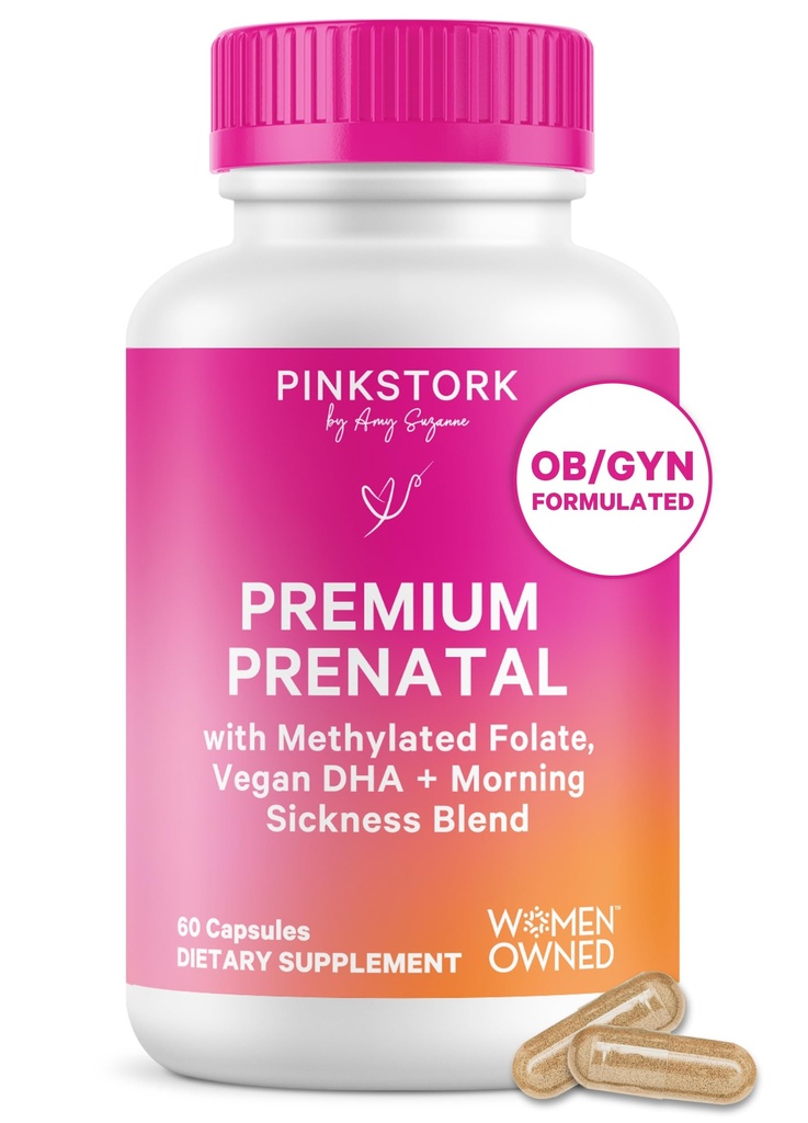 여성을위한 핑크 Stork 프리미엄 Prenatal 비타민 - 유기 전체 식품 성분, Multivitamin & Probiotics - 아침 Sickness, Digestion, & Energy - Folate, B6, & Iron - 60 캡슐