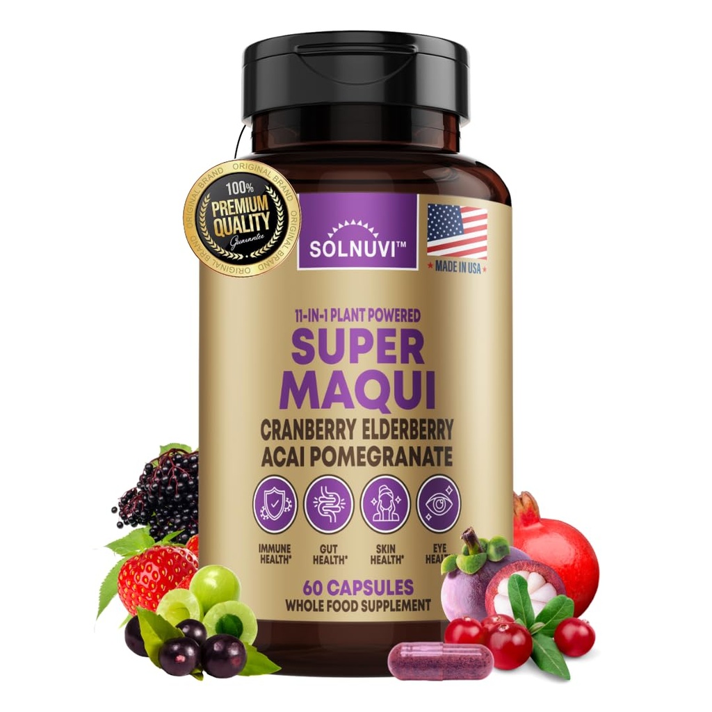유기 슈퍼 Maqui 베리 캡슐 - 슈퍼 푸드 분말 - Elderberry Extract, Cranberry, Pomegranate, Acai - 건조한 눈 & 눈물 지원, Gut 건강, 피부 - 60 Vegan 캡슐, 비 GMO, 글루텐 무료 보충
