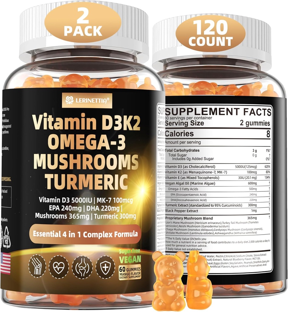 비타민 D3 5000iu (125mcg) + 비타민 K2 (MK7) 조류 오메가 3를 가진 Gummies | 뼈, 이, 에너지, 면역, 칼슘 흡수를 위한 최대 힘 비타민 D3+K2 | Vegan, 설탕 자유로운, 120Ct