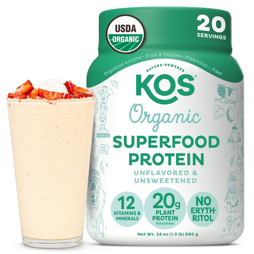 KOS Vegan Protein Powder, Unflavored & Unsweetened - 낮은 Carb Pea Protein Blend, 비타민 및 미네랄이 풍부한 유기농 Superfood - Keto, Soy, Dairy Free - 여성 및 남성을위한 식사 교체 - 20 서빙